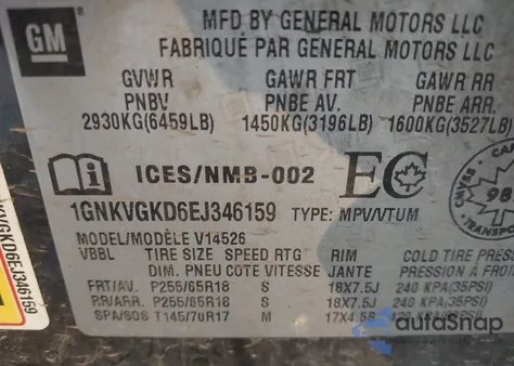 2014 Chevrolet Traverse 1Lt z USA, uszkodzony, nr VIN 1GNKVGKD6EJ346159